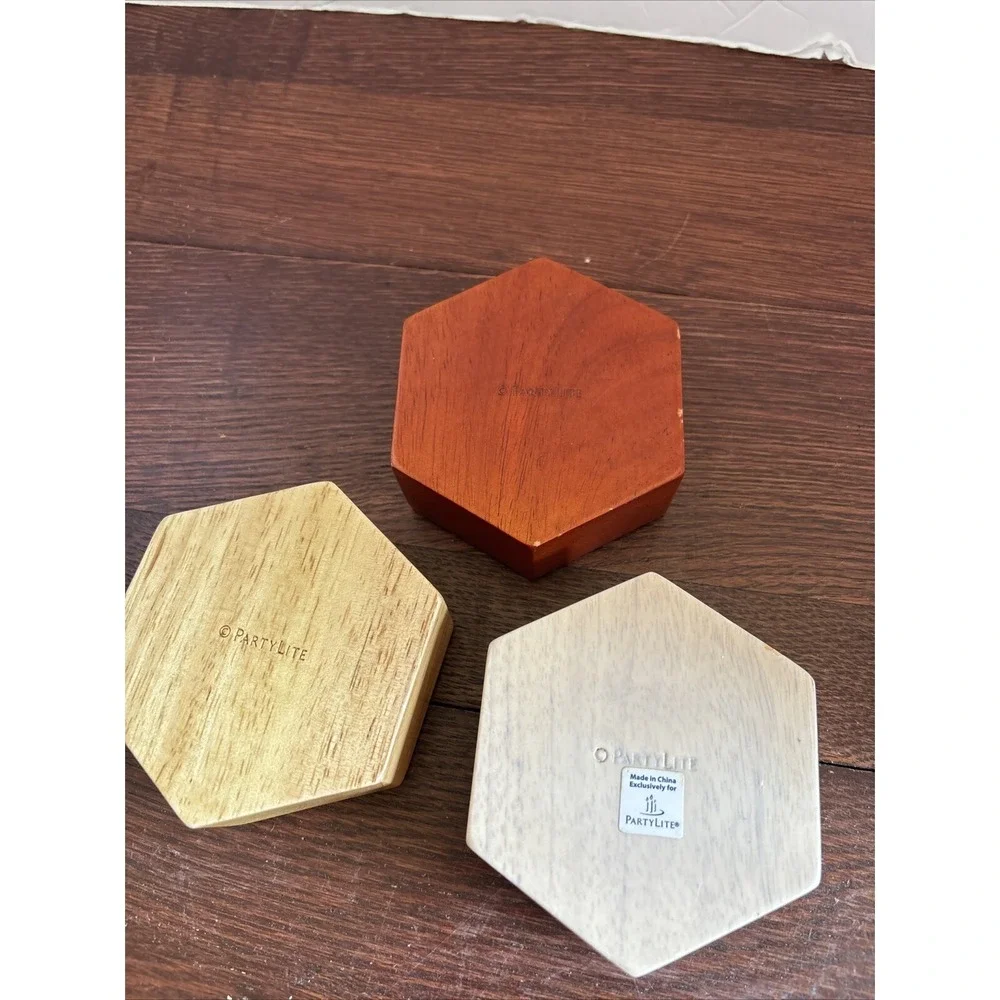 Partylite Solid Wood Hexagon Tealight Trio Candle Holders Set Of 3 - Picture 4 of 4